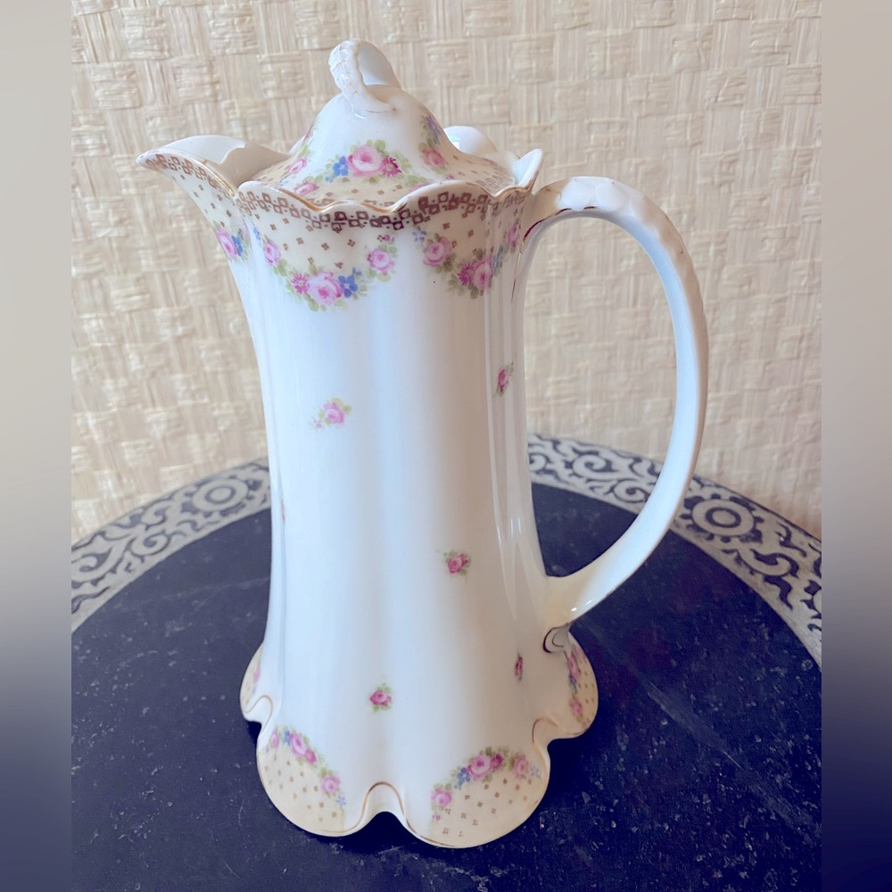 ANTIQUE 19C. ROSENTHAL MADELEINE CHOCOLATE POT PINK ROSES wz lid Sevres Style
